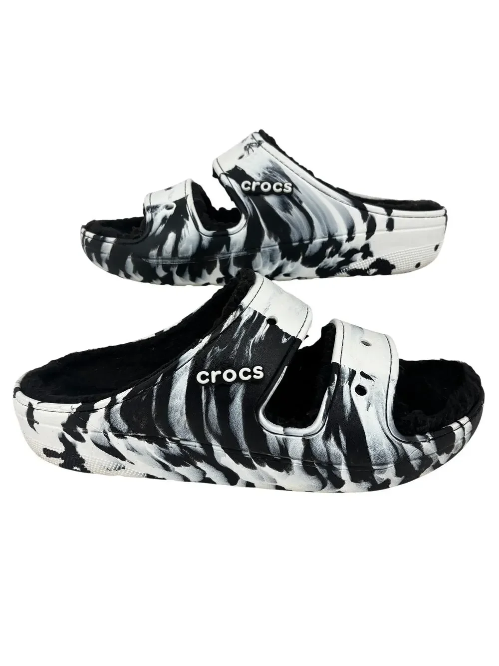 Crocs Classic Cozzzy Sandals Mens Size 14 Faux Fur Lined Black‎ White Marbled